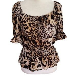 Banana Republic Women’s Leopard Print Blouse Size S Shirred Waist Peasant Casual